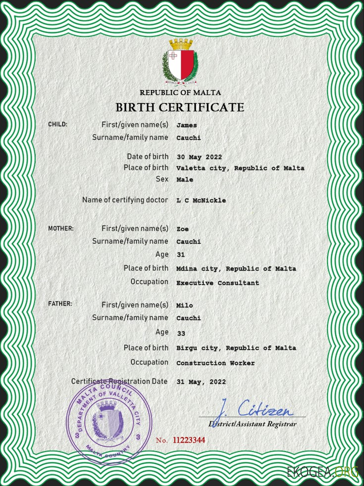 Modèle PSD de certificat de naissance de l'état civil de Malte